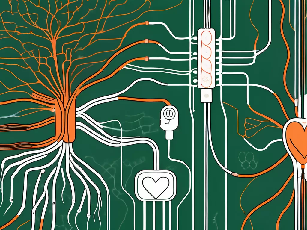A vagus nerve stimulator device connected to a stylized representation of the human nervous system