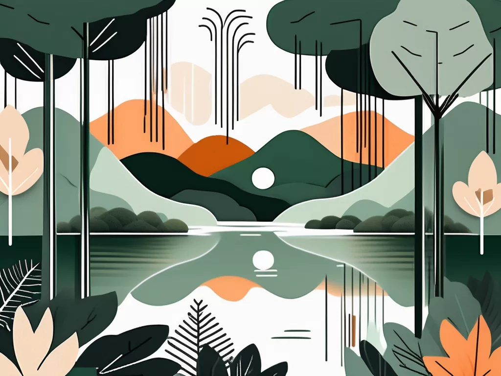 A serene landscape with symbols of relaxation such as a calm lake