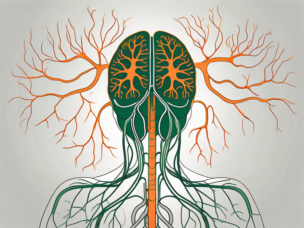The nervus vagus nerve branching from the brain towards the lungs