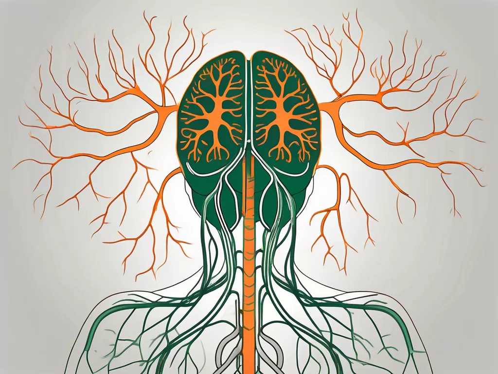 The nervus vagus nerve branching from the brain towards the lungs