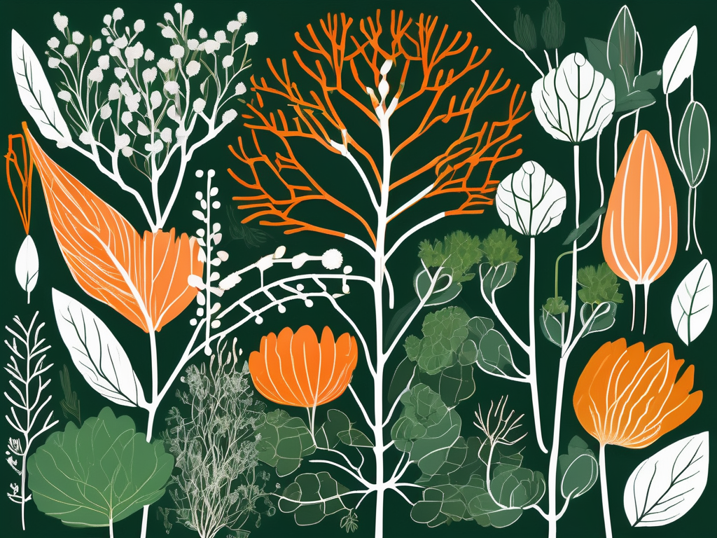 Various medicinal plants and herbs intertwined with a stylized