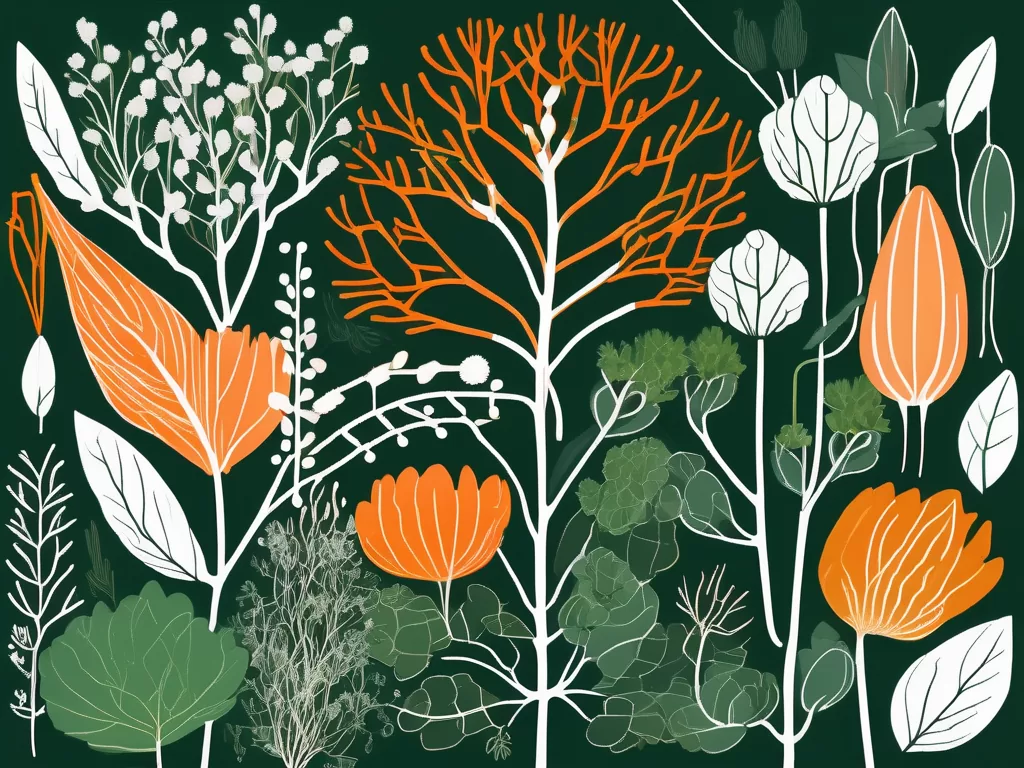 Various medicinal plants and herbs intertwined with a stylized