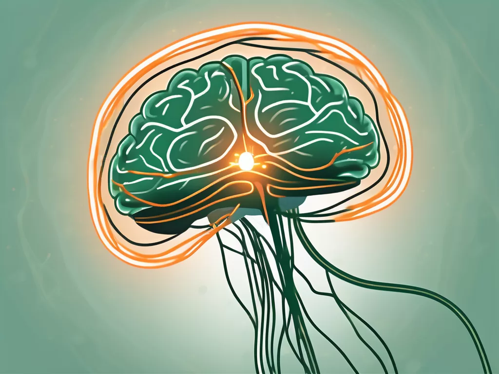 A brain connected to a vagus nerve with sparks or light beams to signify stimulation
