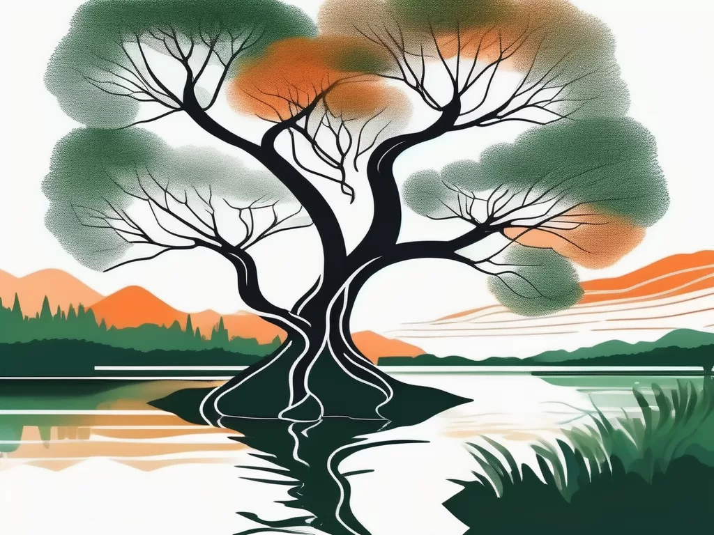 A serene landscape with elements symbolizing strength and relaxation such as a sturdy tree and a calm lake