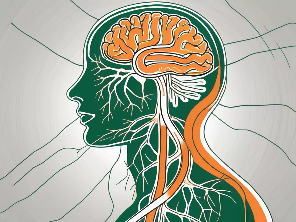 The vagus nerve branching out from the brain and extending to the stomach