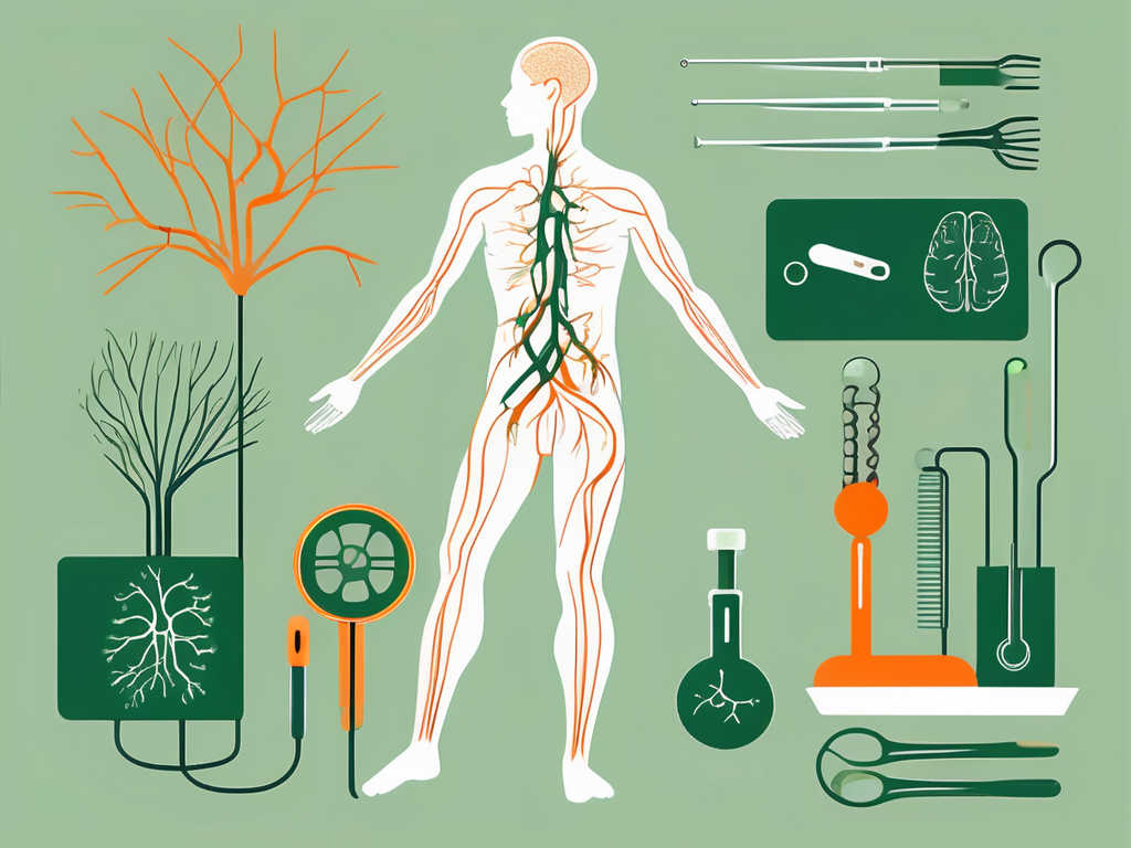 A human body silhouette with the vagus nerve highlighted and symbols indicating weakness