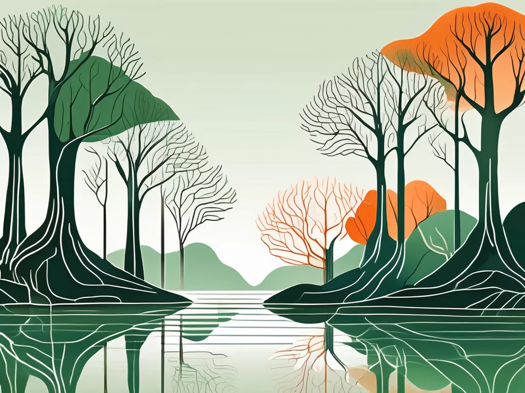A serene and peaceful environment with nature elements such as trees and flowing water