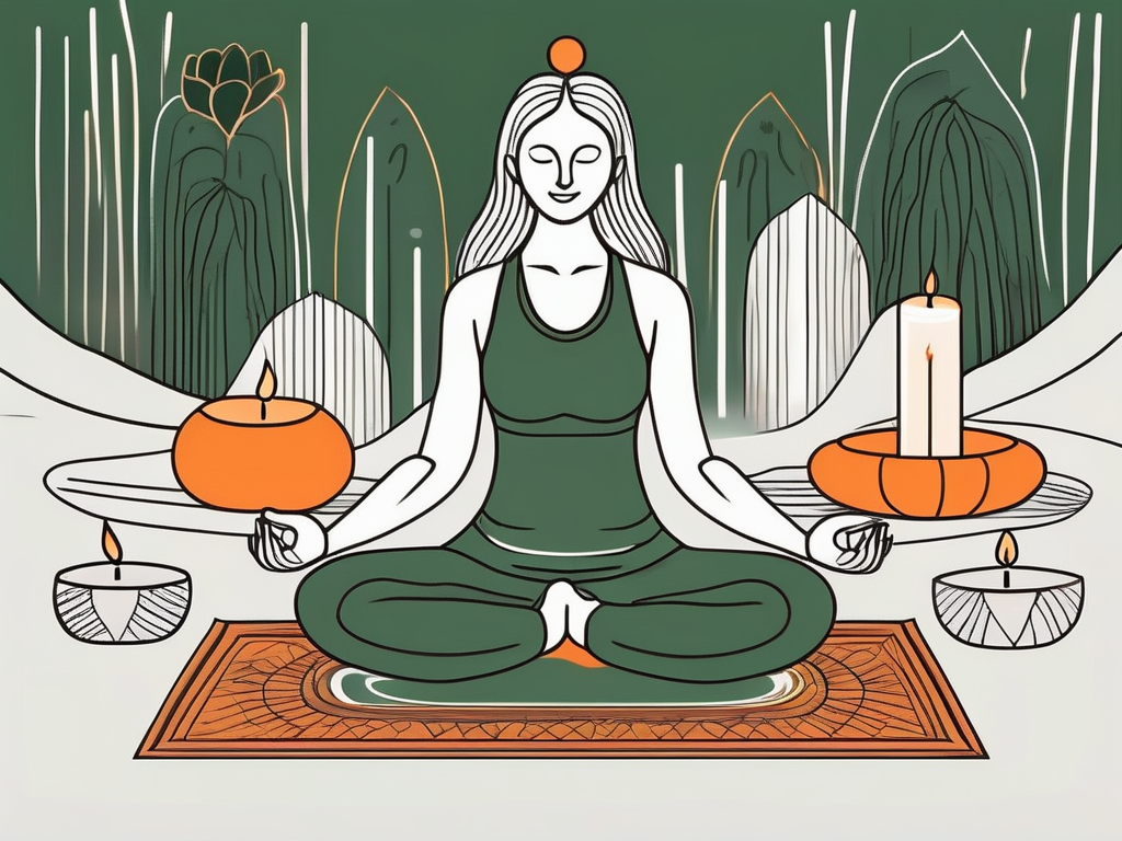 A serene yoga mat surrounded by calming elements like candles and incense