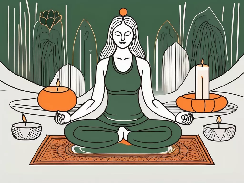 A serene yoga mat surrounded by calming elements like candles and incense