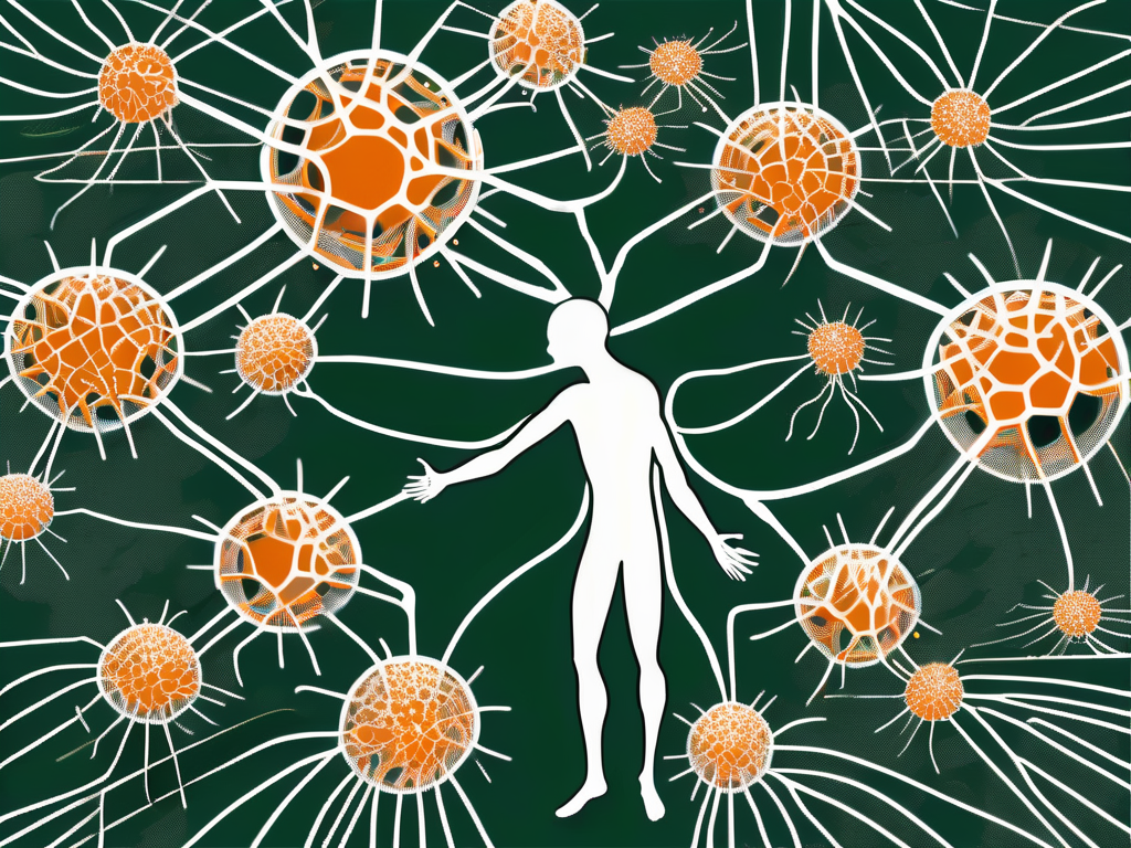 The nervus vagus (depicted as a network of nerves) interacting with a stylized representation of the corona virus