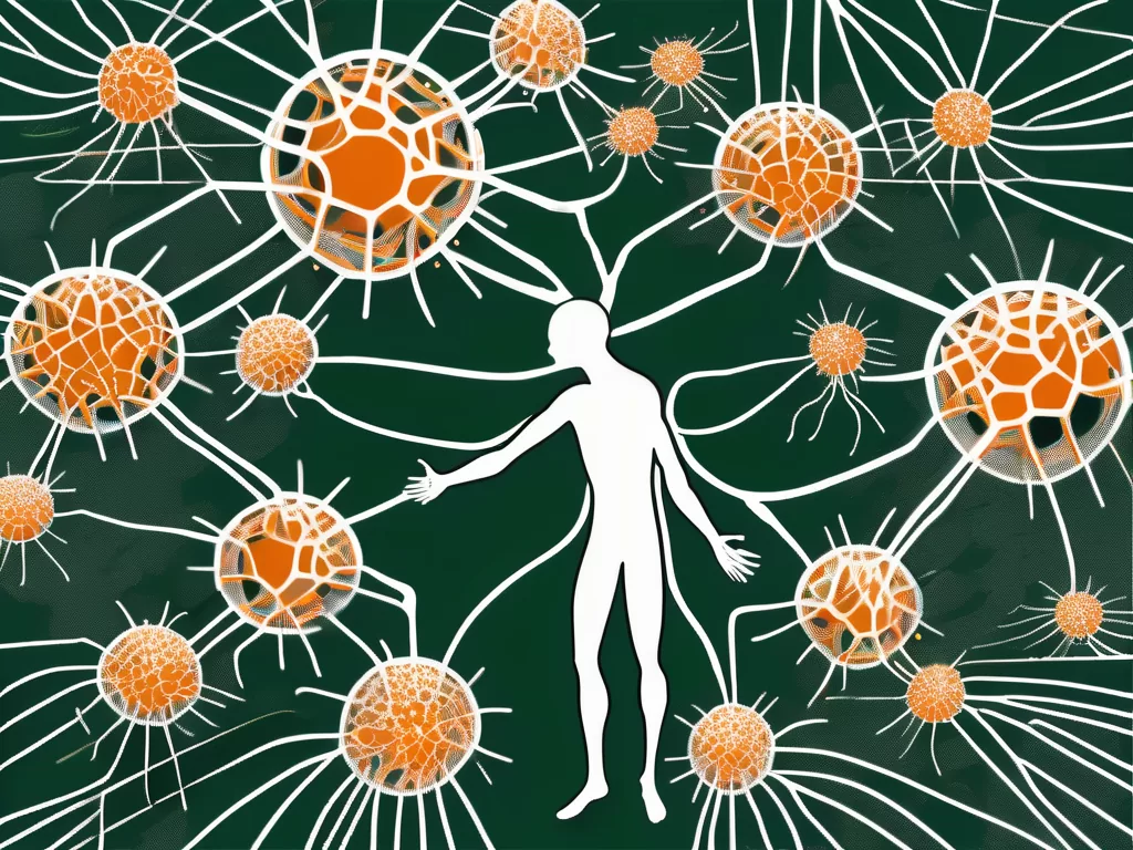 The nervus vagus (depicted as a network of nerves) interacting with a stylized representation of the corona virus