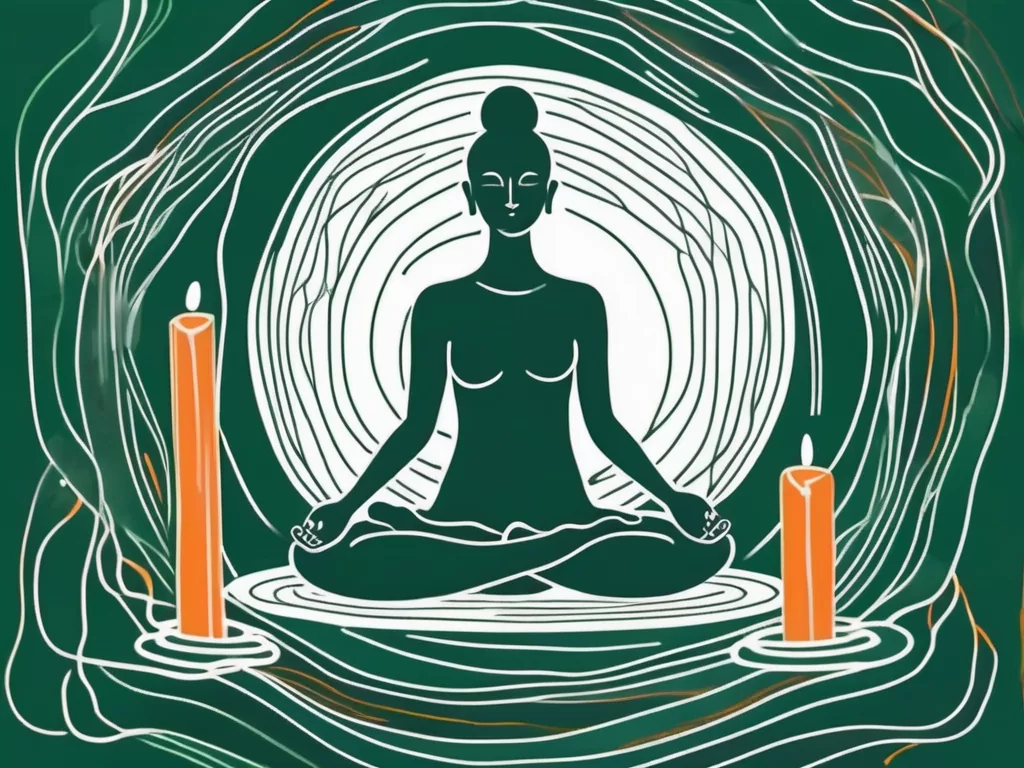A peaceful yoga mat surrounded by calming elements like candles and incense