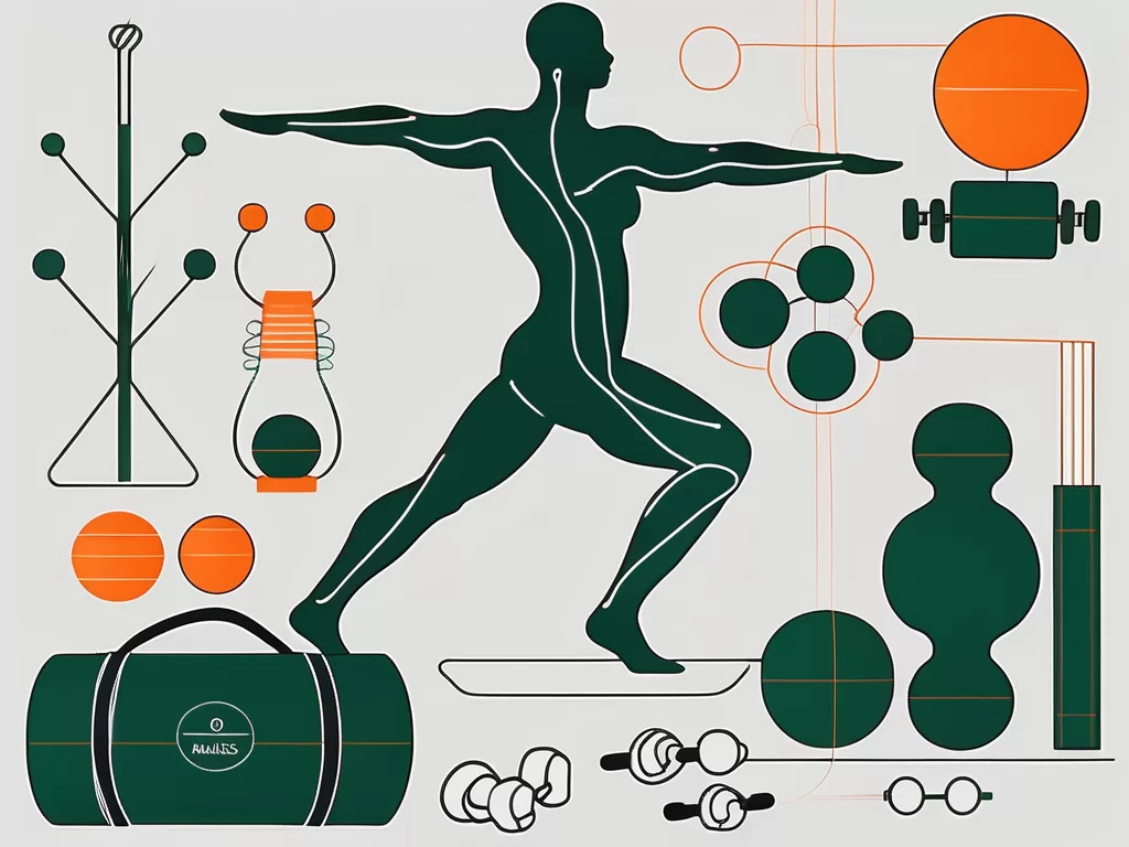 A healthy human body silhouette with the vagus nerve highlighted and different exercises equipment like yoga mat