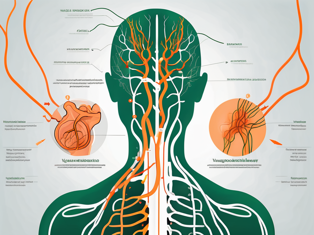 The vagus nerve in a human body with a visual representation of damage and healing process