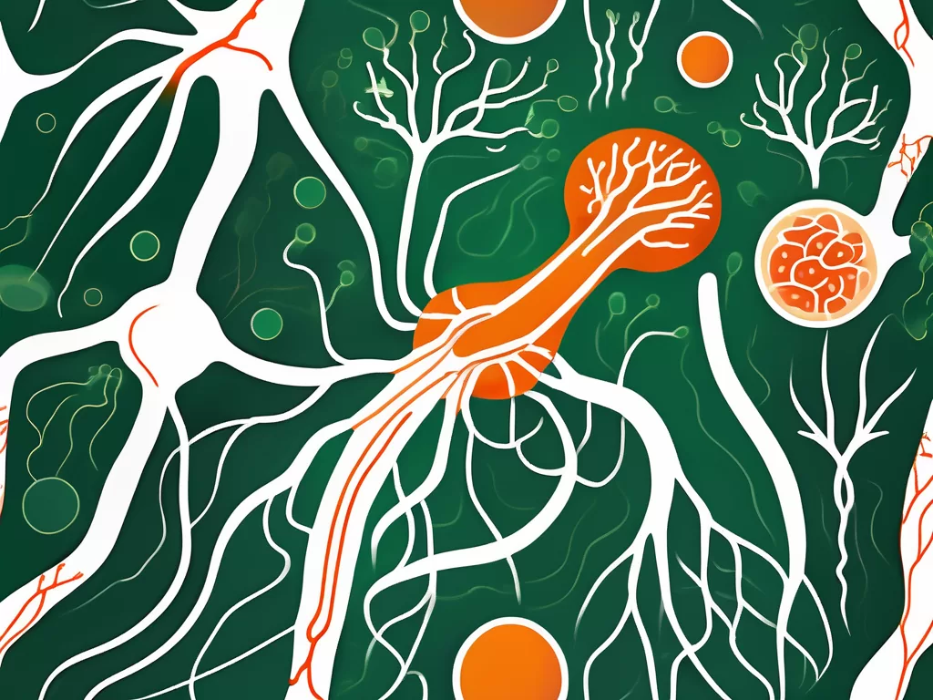Various types of probiotics surrounded by a stylized representation of the vagus nerve