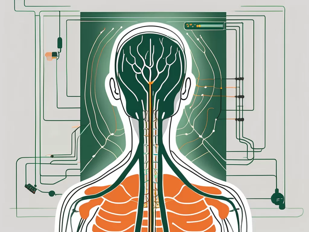 A vagus nerve stimulator device next to a human silhouette showing the location of the vagus nerve in the body