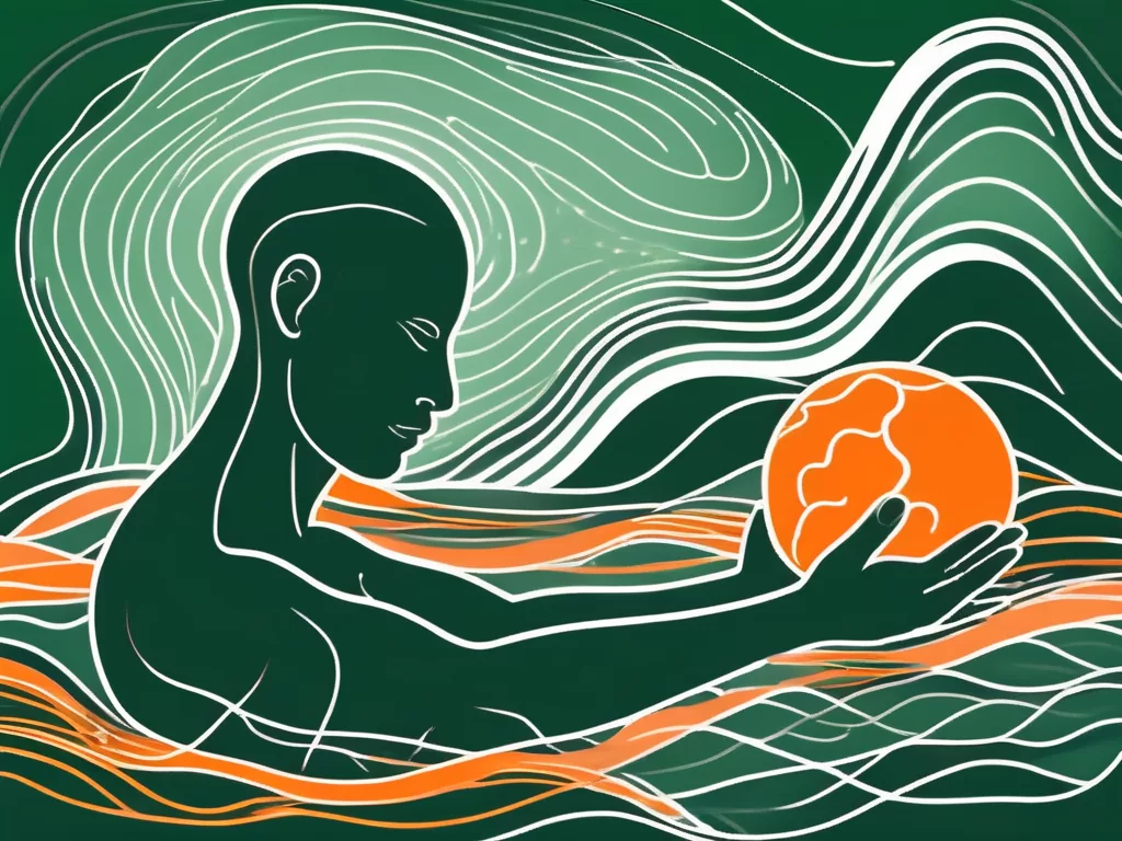 The vagus nerve as a symbolic connection line between a human silhouette filled with peaceful energy waves and an ice bath