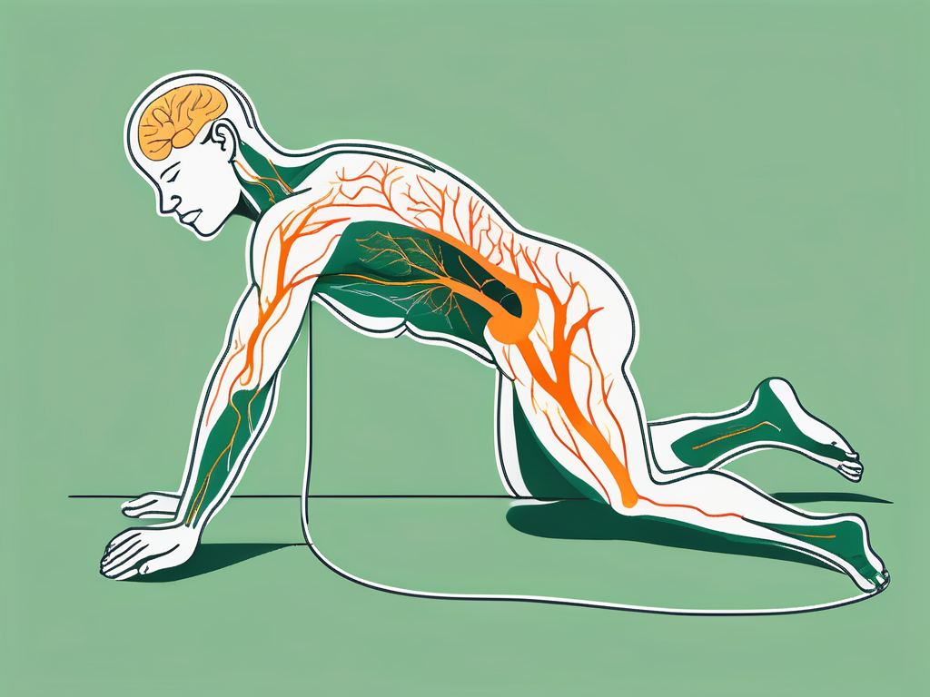 A human body in a sleeping position on the right side with a highlighted path of the vagus nerve running from the brain to the abdomen