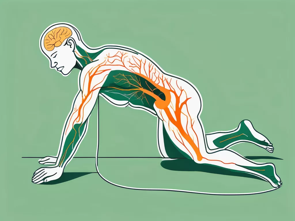 A human body in a sleeping position on the right side with a highlighted path of the vagus nerve running from the brain to the abdomen