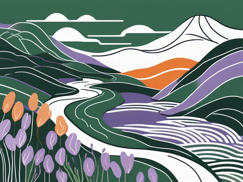 A serene landscape with a symbolic representation of the vagus nerve as a winding river