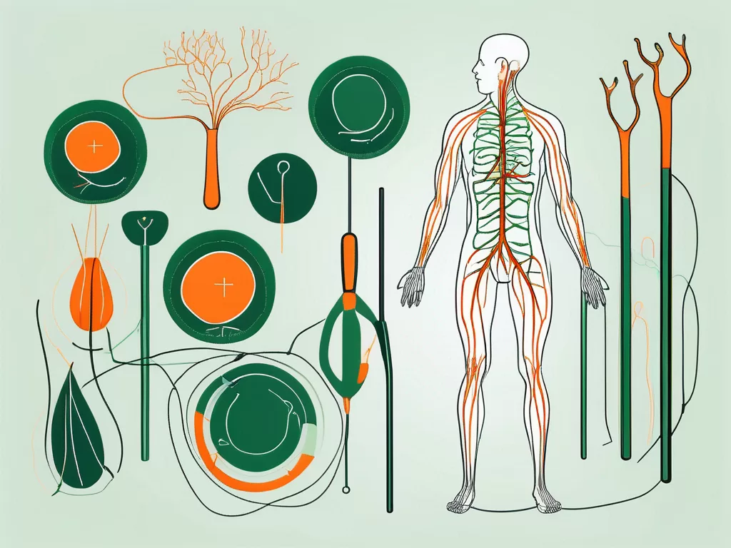 An osteopath's tools next to a stylized representation of the vagus nerve