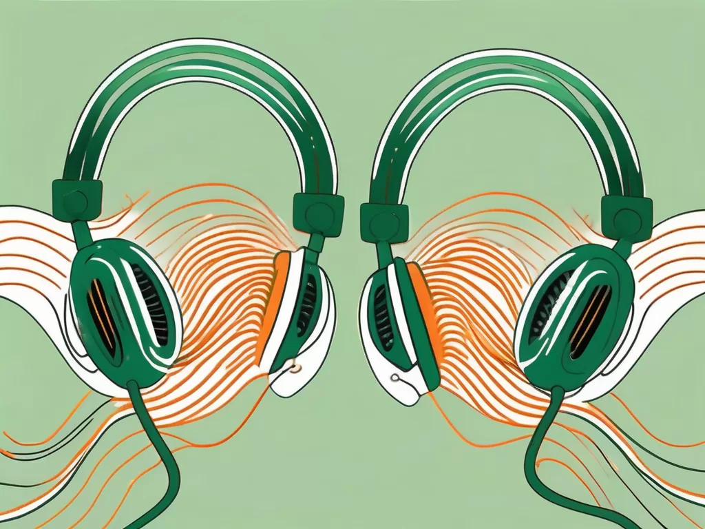 A pair of headphones emitting sound waves