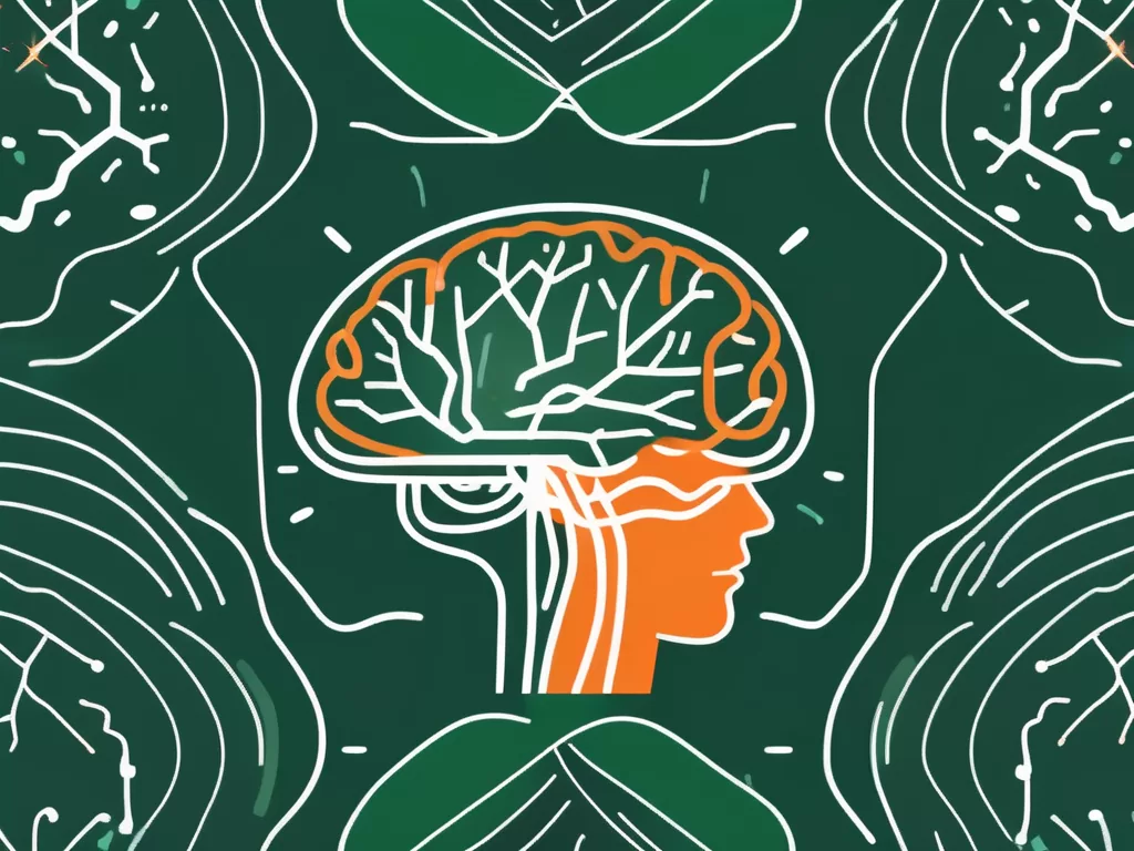 A brain with highlighted vagus nerve and symbolic representations of migraine pain