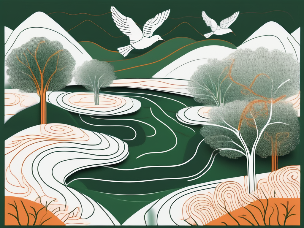 A serene landscape with calming elements like a flowing river