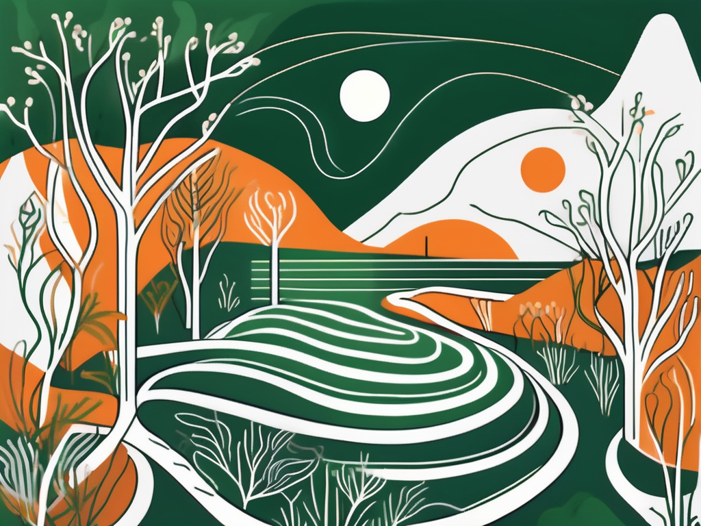 A serene landscape with a symbolic representation of the vagus nerve as a winding path