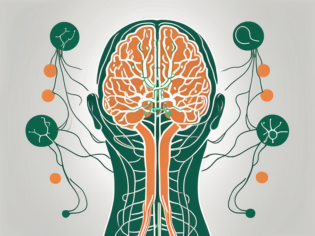 The vagus nerve in the human body with a highlighted path leading to the brain