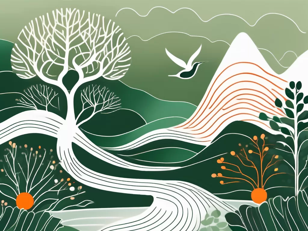 A serene nature scene with elements symbolizing relaxation and healing
