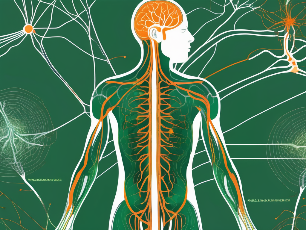 The human body from a dorsal view highlighting the vagus nerve and its connection to various parts of the body