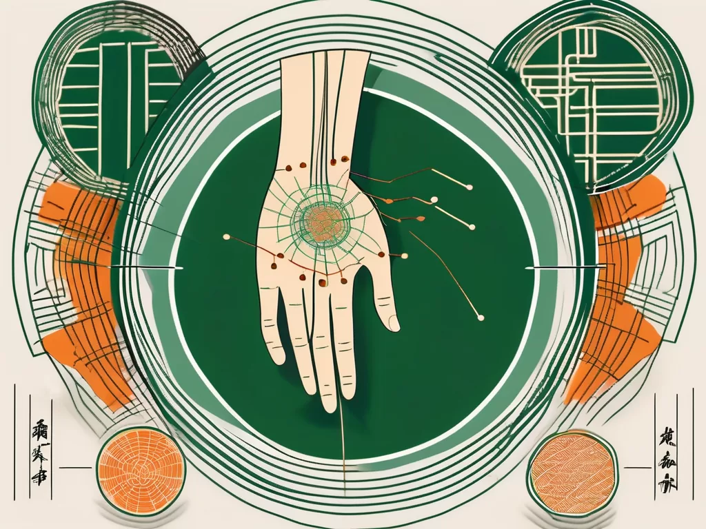 An acupuncture needle inserted into a stylized diagram of a wrist