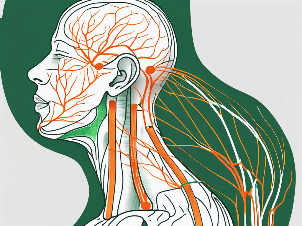 The human body highlighting the vagus nerve with specific acupuncture points marked along it