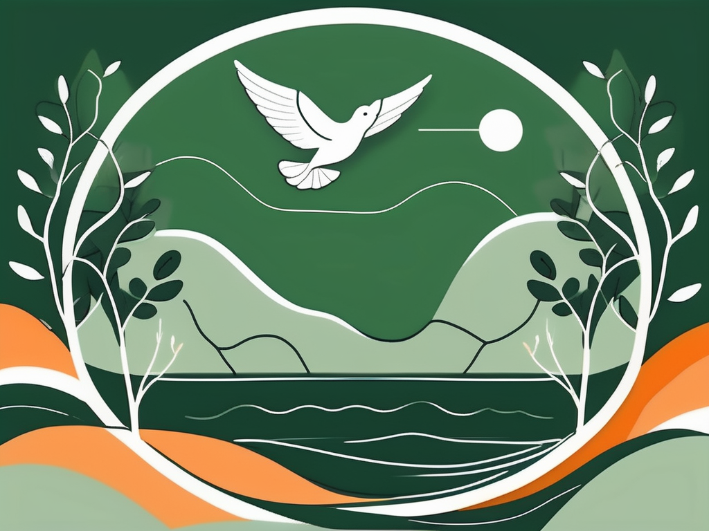 A serene natural environment with symbols of tranquility such as a calm lake and a dove