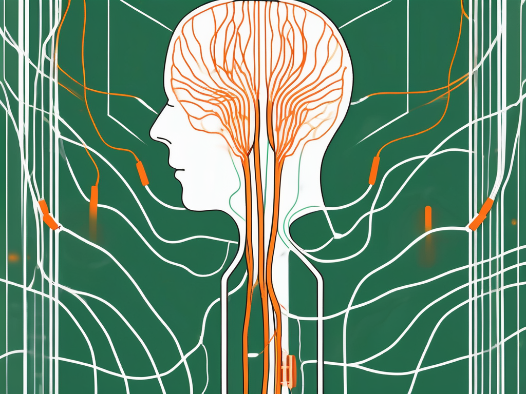 A tens (transcutaneous electrical nerve stimulation) device with electrical pulses flowing towards a stylized representation of the vagus nerve