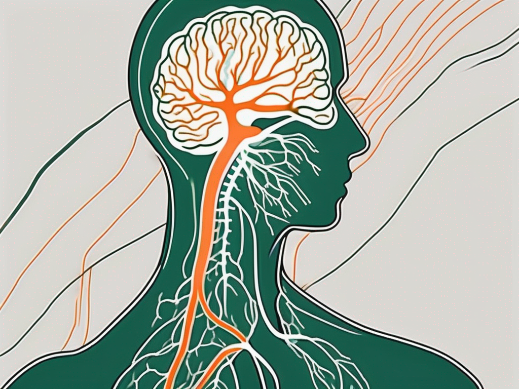A human silhouette practicing deep breathing with a highlighted vagus nerve to represent its stimulation