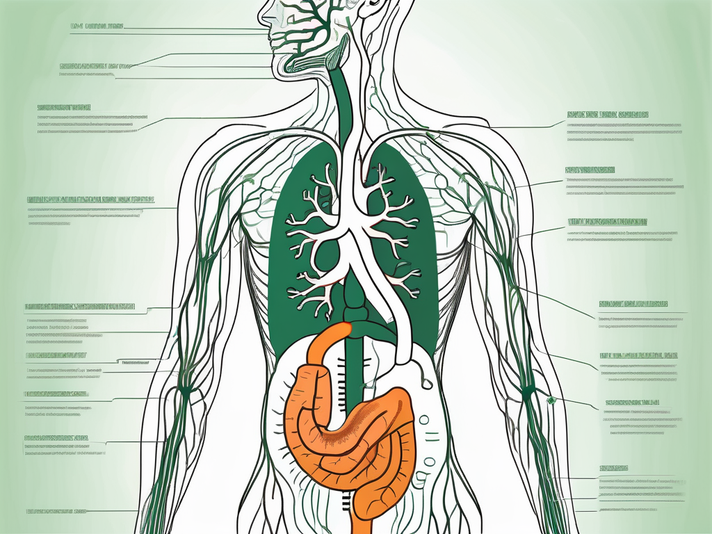 The human digestive system highlighting the irritable bowel syndrome area and the vagus nerve