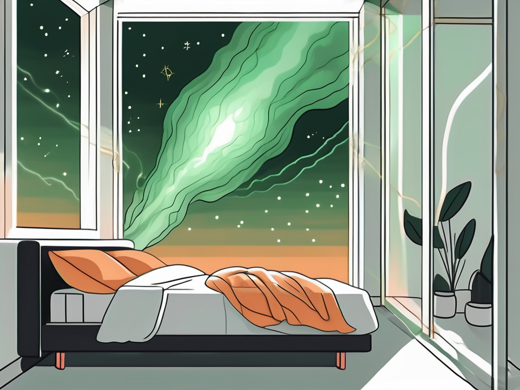 A tranquil bedroom scene with a glowing nebula visible through a window