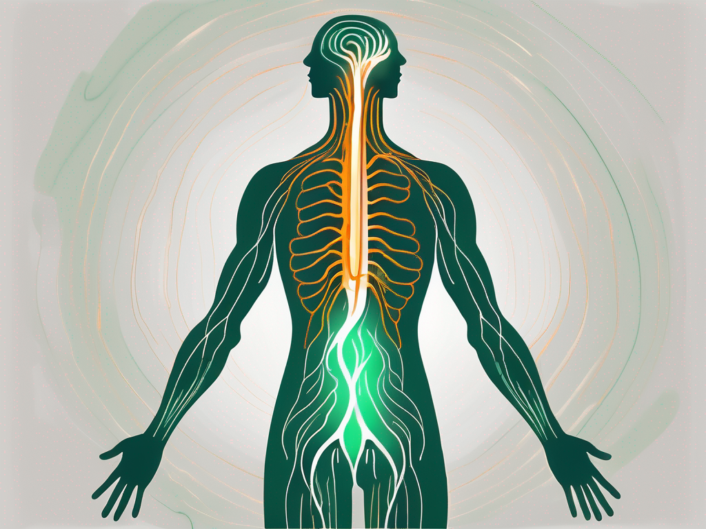 The vagus nerve in a human body with soothing colors and symbols like cooling waves or soft light to represent pain relief