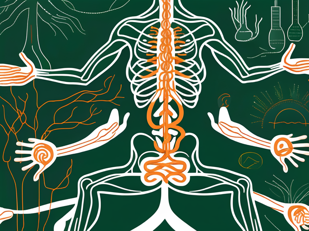 The vagus nerve highlighted in the human body with different exercises symbols like yoga