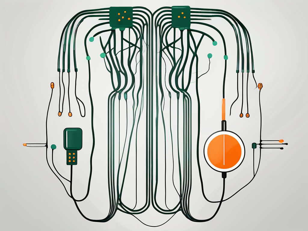 A vagus nerve stimulator device connected to a stylized representation of the human nervous system