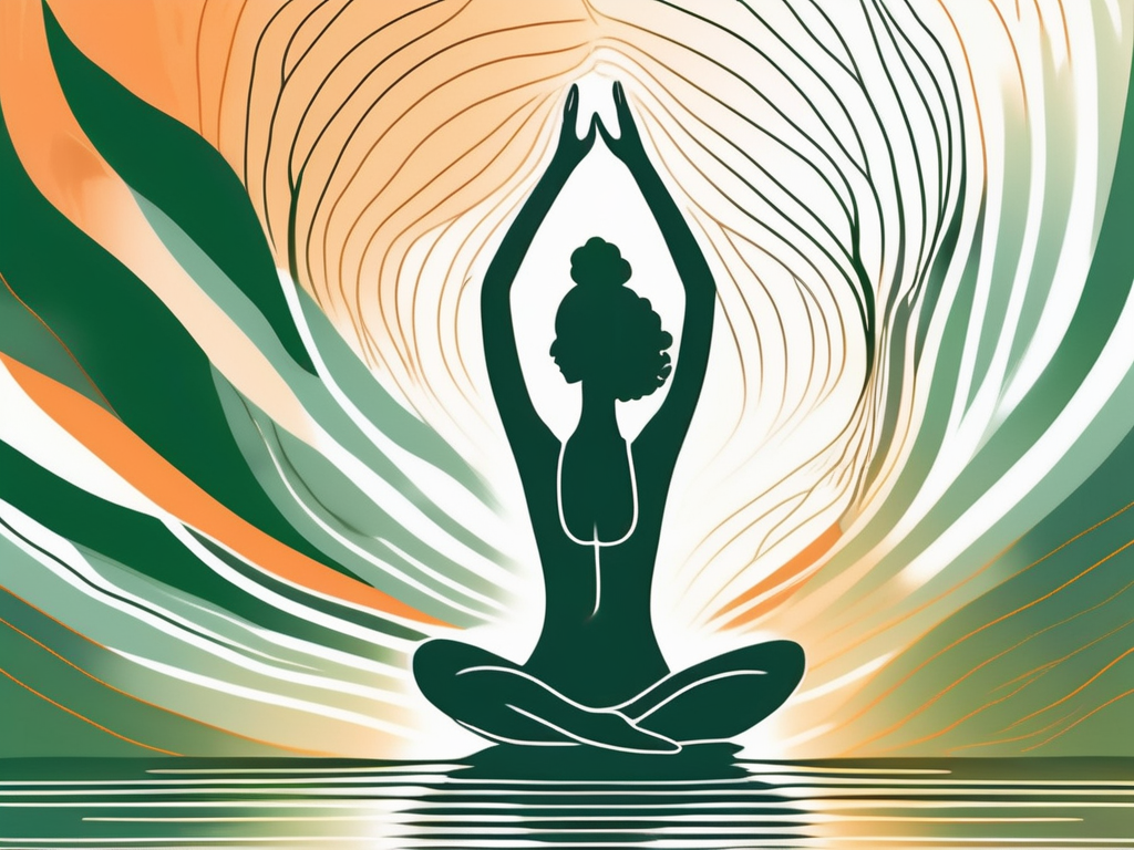 A serene landscape with a person's silhouette in a relaxed yoga pose