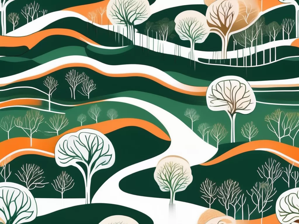 A serene landscape with a highlighted path leading to a bright