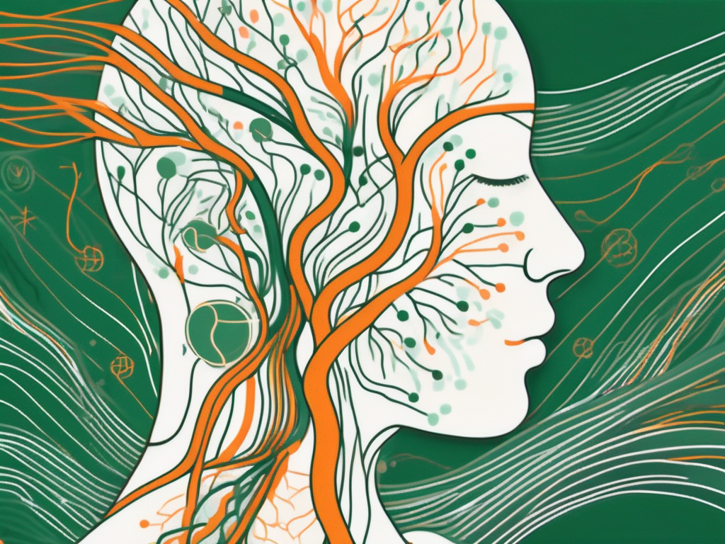 The vagus nerve in the human body with visible vibrations or energy waves emanating from it