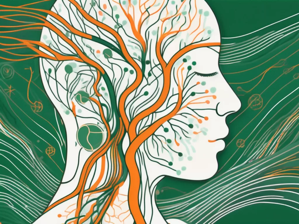 The vagus nerve in the human body with visible vibrations or energy waves emanating from it