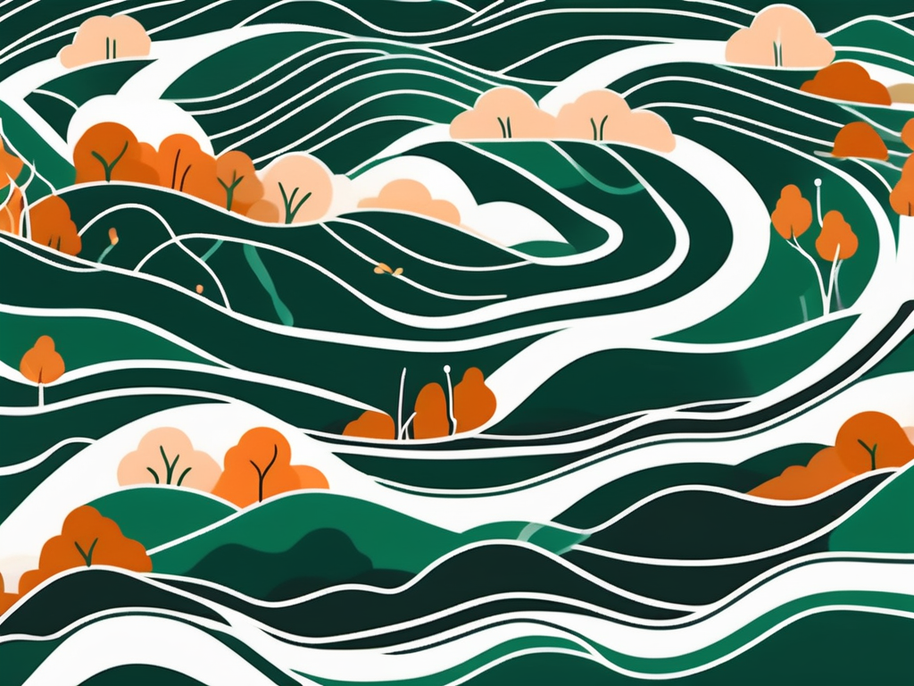 A serene natural landscape with a symbolic representation of the vagus nerve as a winding path or river