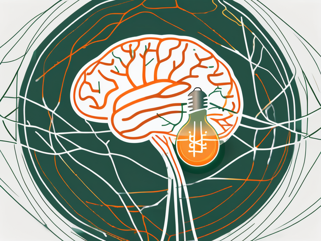 A brain with highlighted areas connected to a stylized graphic of a nerve