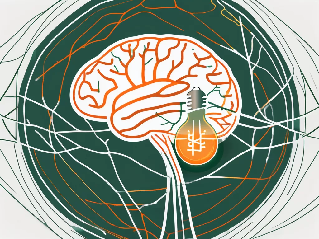 A brain with highlighted areas connected to a stylized graphic of a nerve