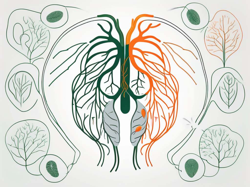The vagus nerve connecting the brain to various organs (heart